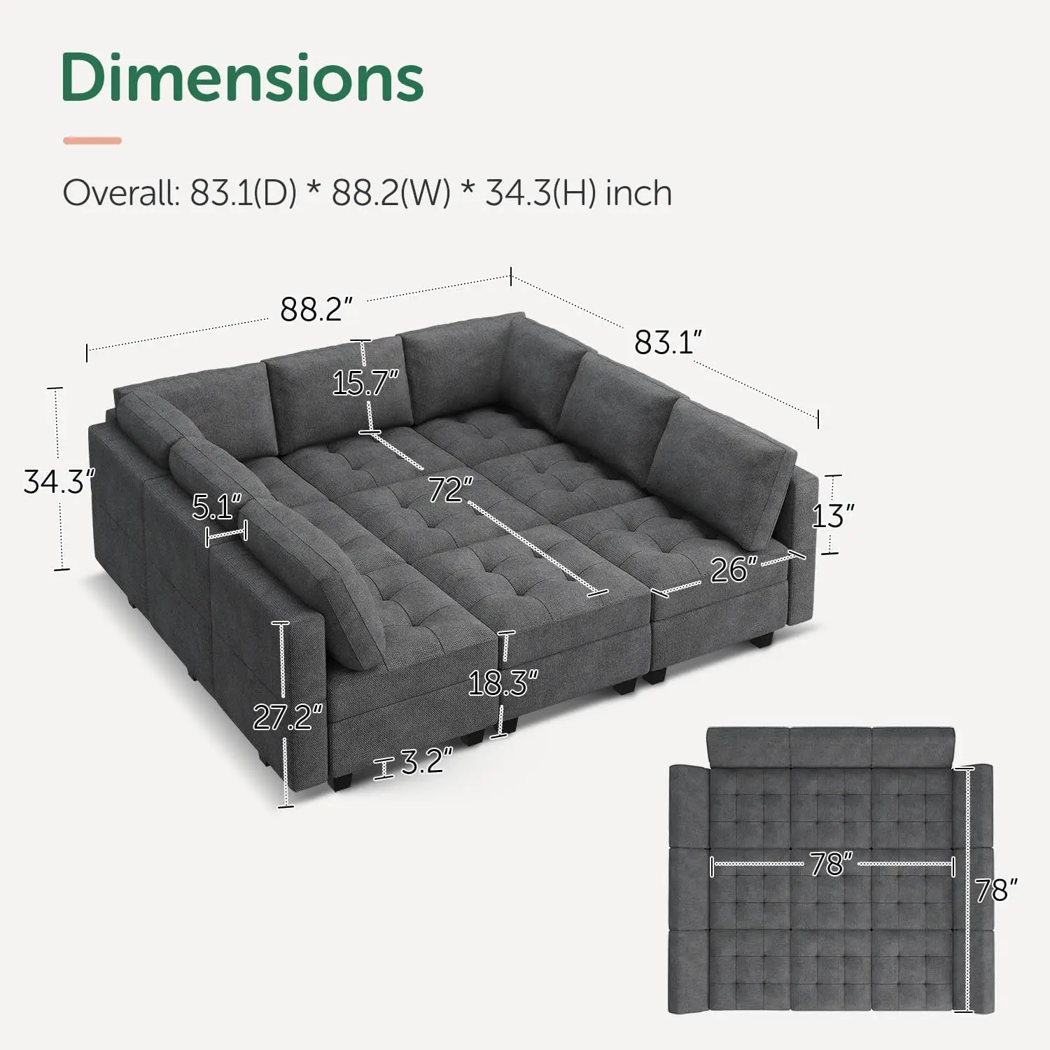 HONBAY Sleeper Modular Sectional Sofa 9 Seater Sectional Sofa with Storage Modular Couch for Living Room Dark Grey