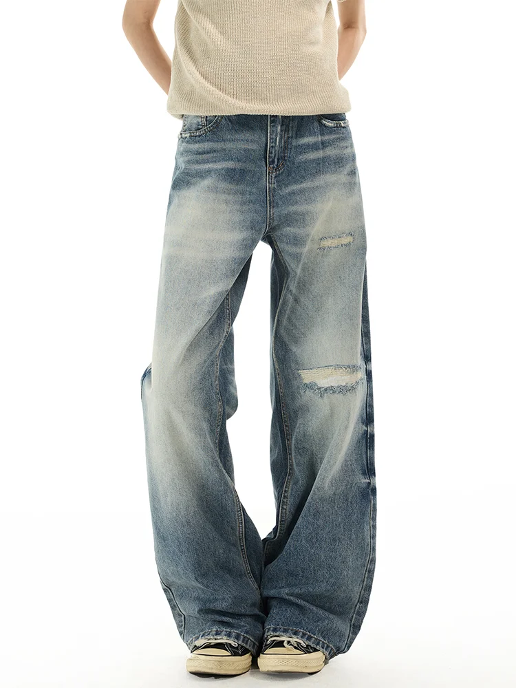 

Retro American Large Size Denim Jeans Women's Straight Loose High Waist Wear Resistant Faded Washed Wide Leg Pants