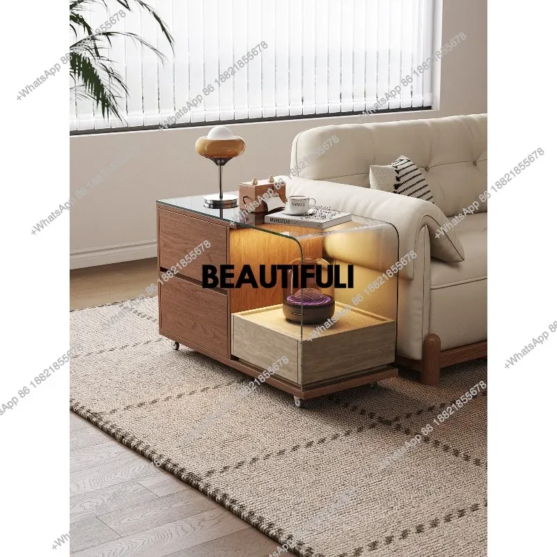 D80 Mid-style solid wood glass side tables, small apartment sofa corners, wheels, movable classroom living room storage