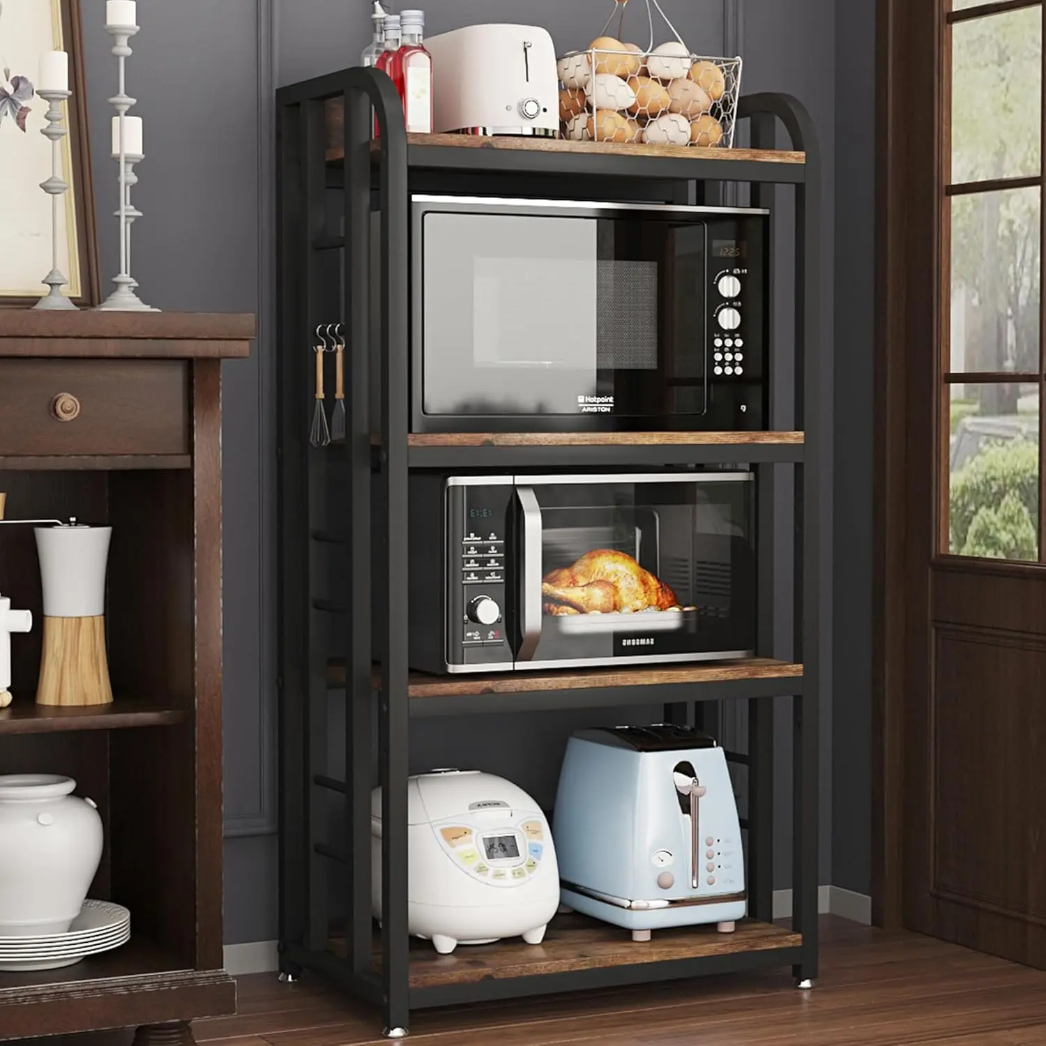 Microwave Oven Stand with Storage 4 Tiers, Free Standing Microwave Oven Stand Coffee Bar Adjustable Kitchen Shelves Kitchen Stor