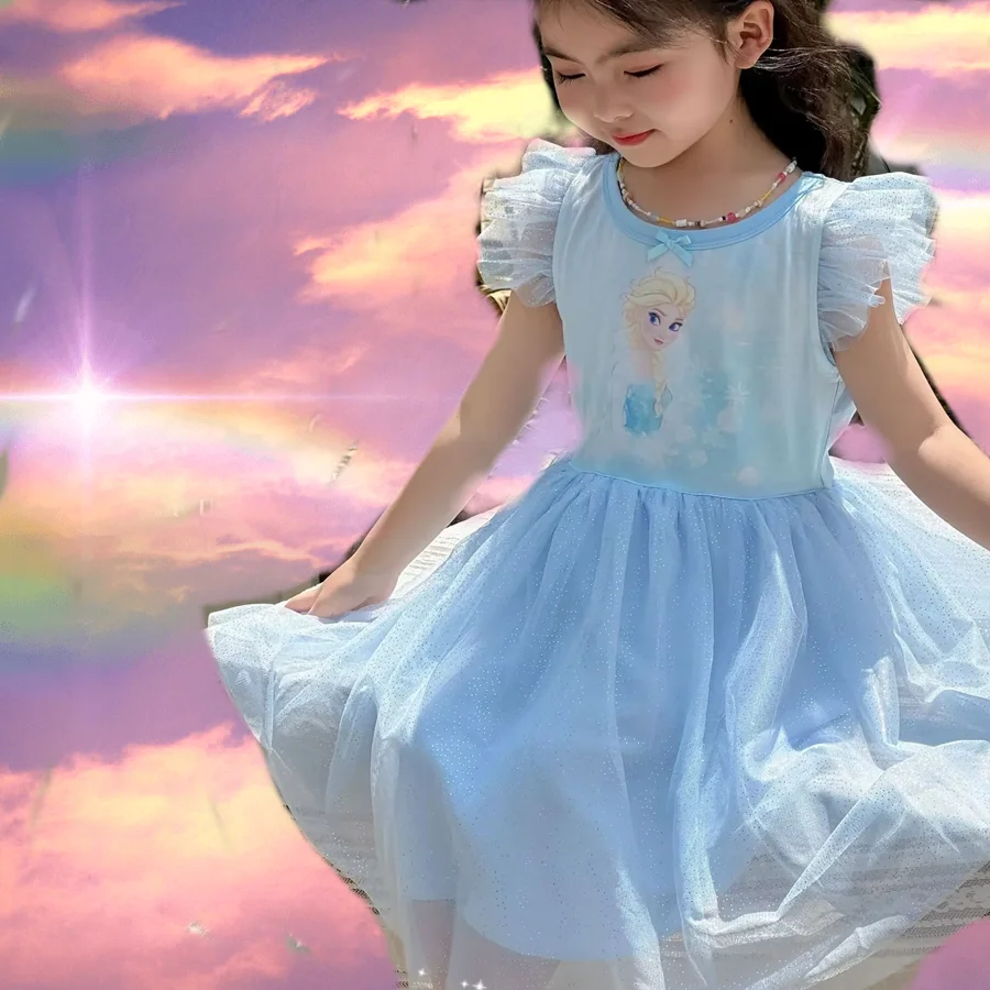 

Весна «Холодное сердце» Эльзы, новая милая сетчатая платье принцессы с короткими рукавами для девочек Диснея, летняя милая футболка, детская пышная юбка