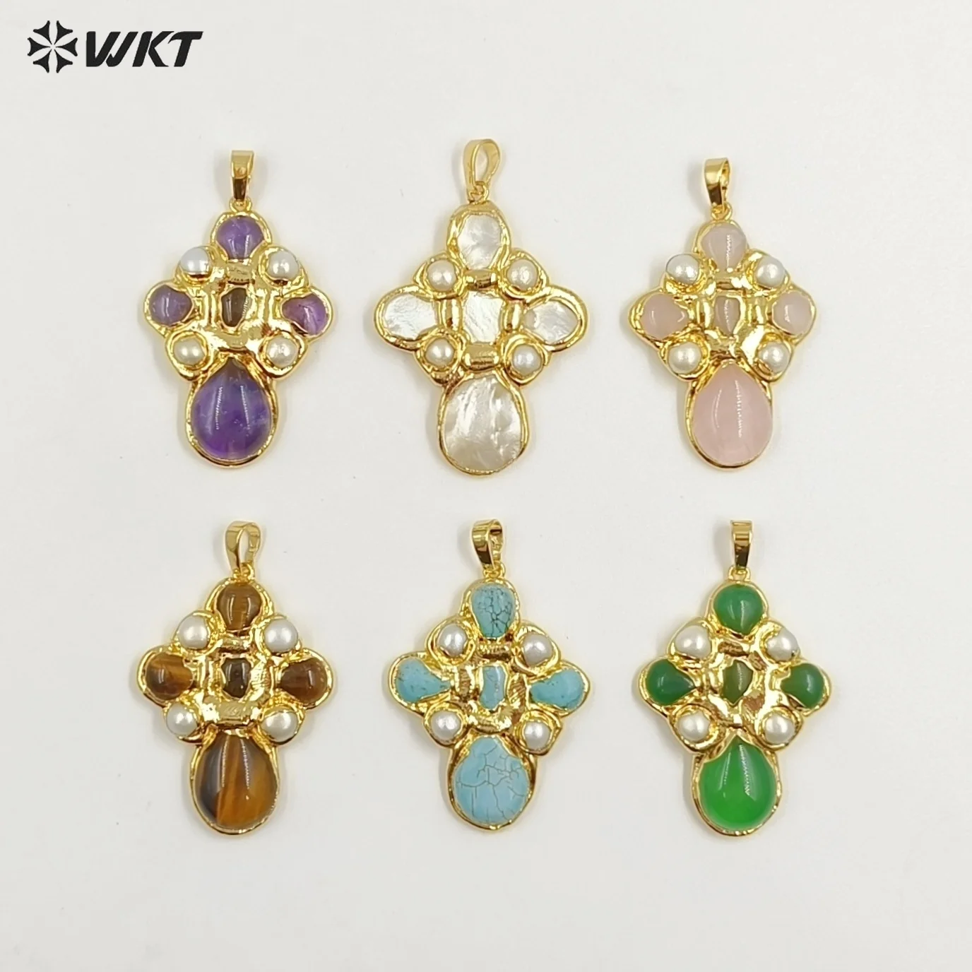 WT-JP384 Wholesale Fashion Gorgeous Multi Drop Stone Assemble Cross Statement Pendants By Handmake Turquoise And Pearl