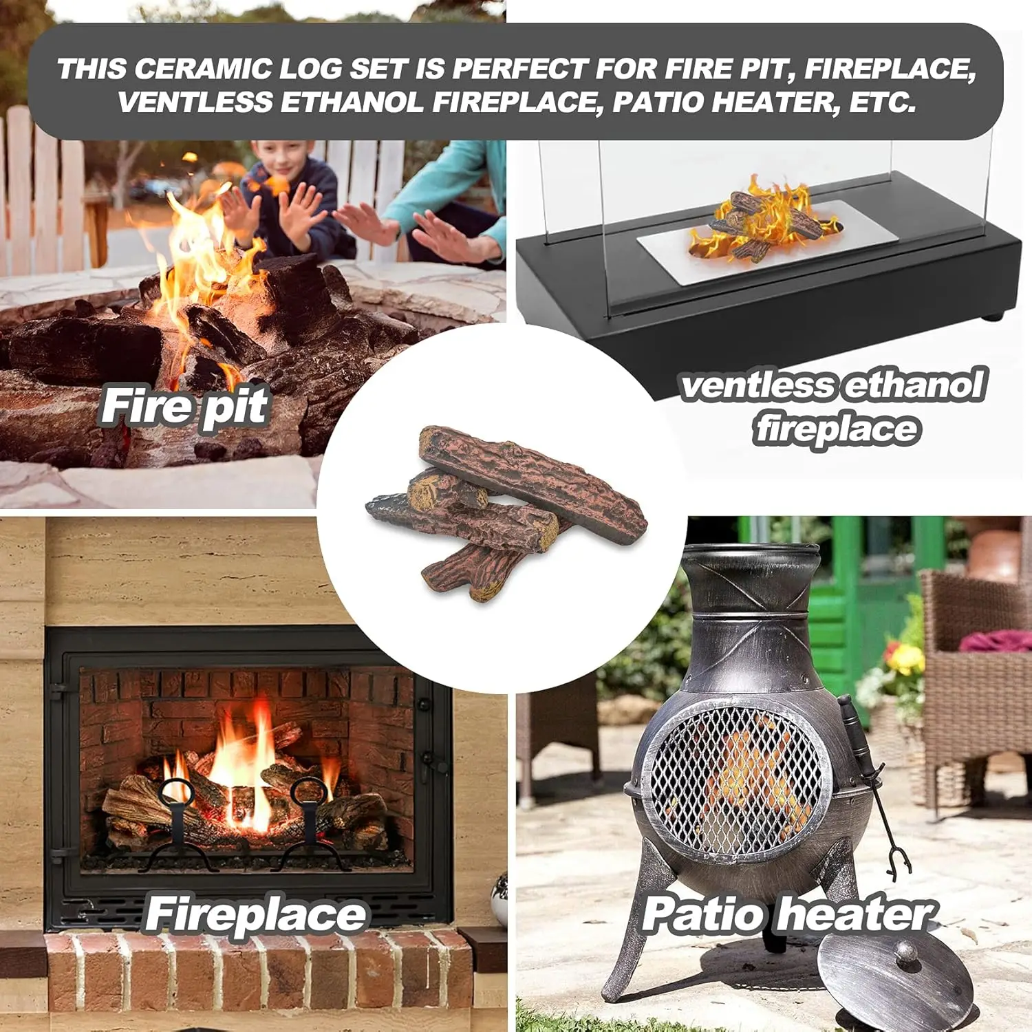 4-Piece Ceramic Wood Logs for Ventless, Gel, Ethanol, Electric, Gas, Propane Fireplaces & Fire Pits