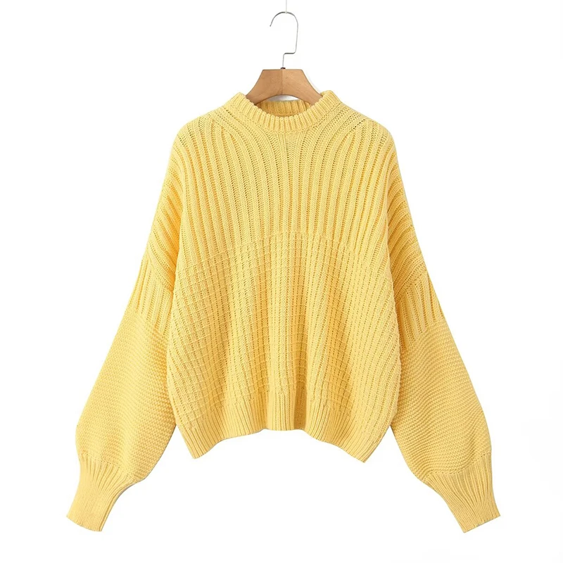 2024 Women Casual  Round Neck Long Sleeve Knitted Pullovers  Autumn Winter Oversize Sweaters Green Yellow