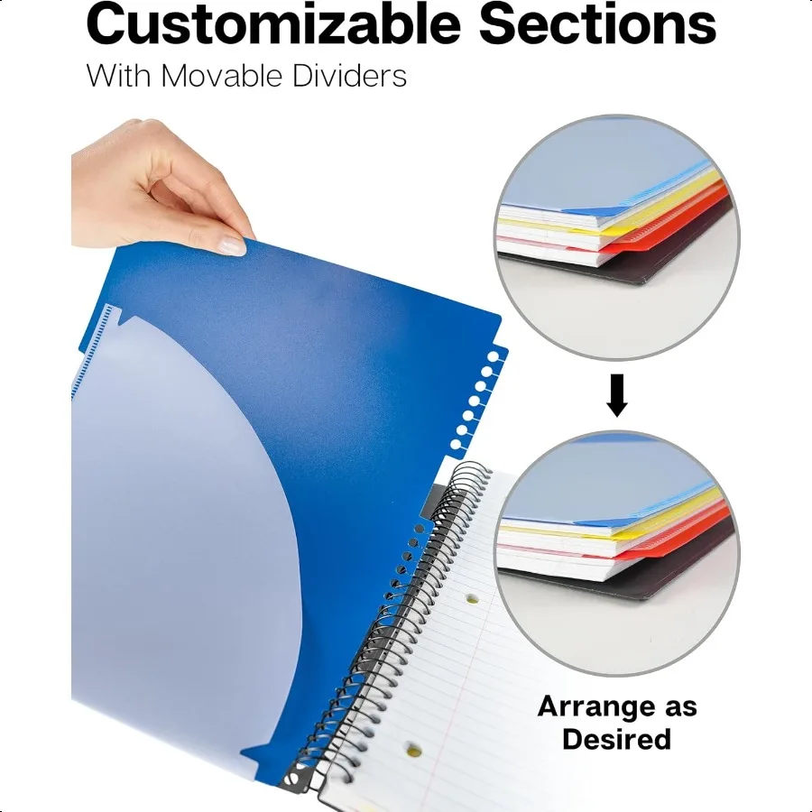 Quaderno a 3 soggetti College a righe 8,5 x 11 Nero 150 fogli (300 pagine) Quaderno a spirale 8,5x11 con linguette Divisori mobili Conservazione