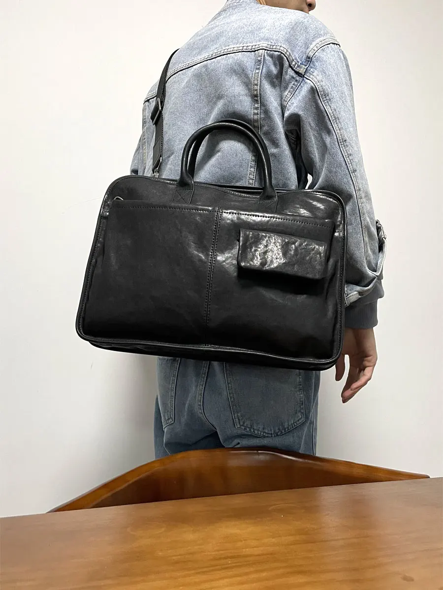 Maletines de cuero genuino hechos a mano de lujo informales de negocios para hombre, bolsos para ordenador portátil de gran capacidad de primera capa de piel de vaca a la moda