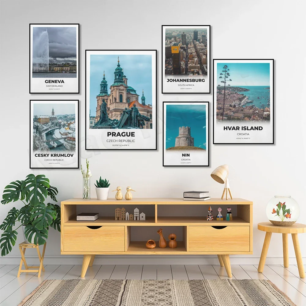 Croatia, Geneva, Santorini, Budapest, Johannesburg, South Africa, Fuerteventura, Spain, Czech Republic landmark travel poster