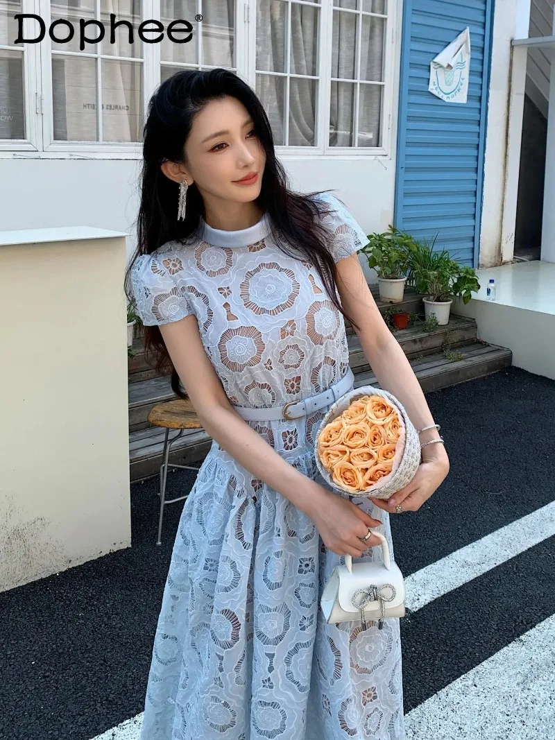 

French Elegant Lady Retro Vacation Style Blue Hollow Embroidered Dress 2026 Summer Versatile Short-sleeved Women's Long Dress