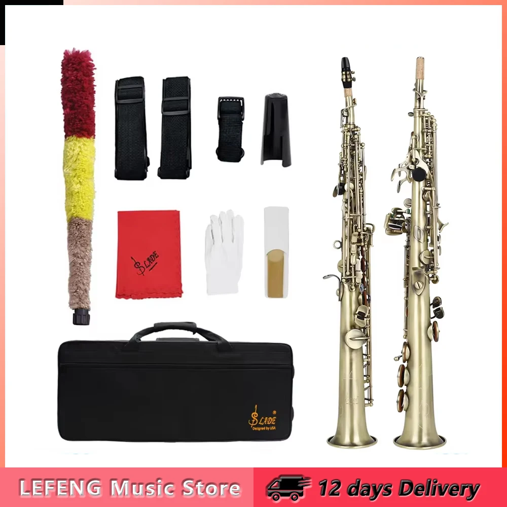 SLADE Soprano Saxophone Brass Body Cyan Antique Straight Sax Bb Saxfone Woowind Instrument with Case Reeds Parts & Accessories