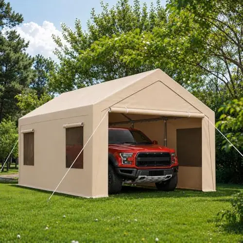 10x20FT Carport Canopy, Heavy Duty Portable Garage with Roll-up Windows & Doors, Removable Sidewalls, Garage Car