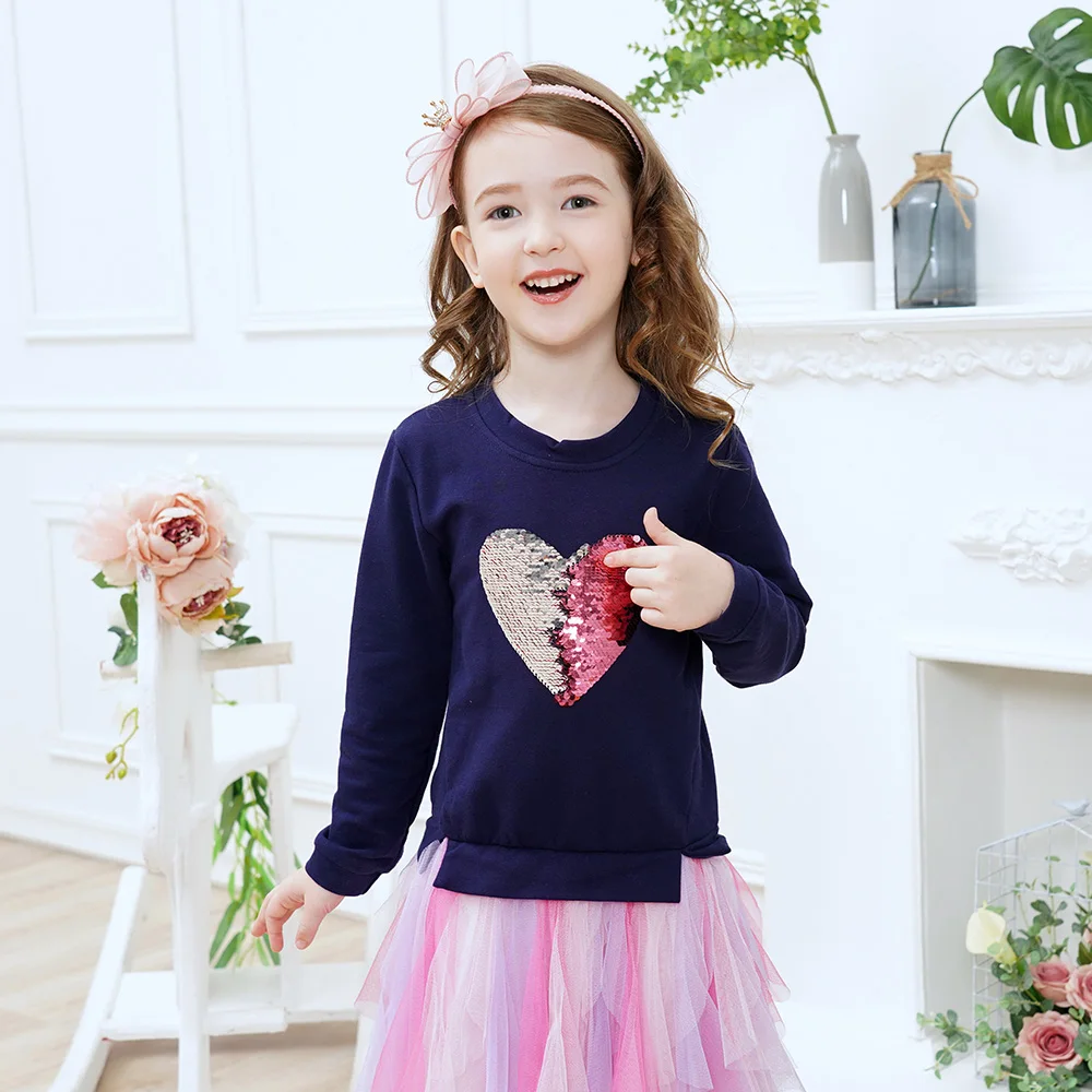 VIKITA Mädchen Hoodies Kleid Kinder Herzform Flipable Pailletten Applizierte Patchwork Kleid Mädchen Tüll Mesh Layered Tutu Kleider – Detail 7