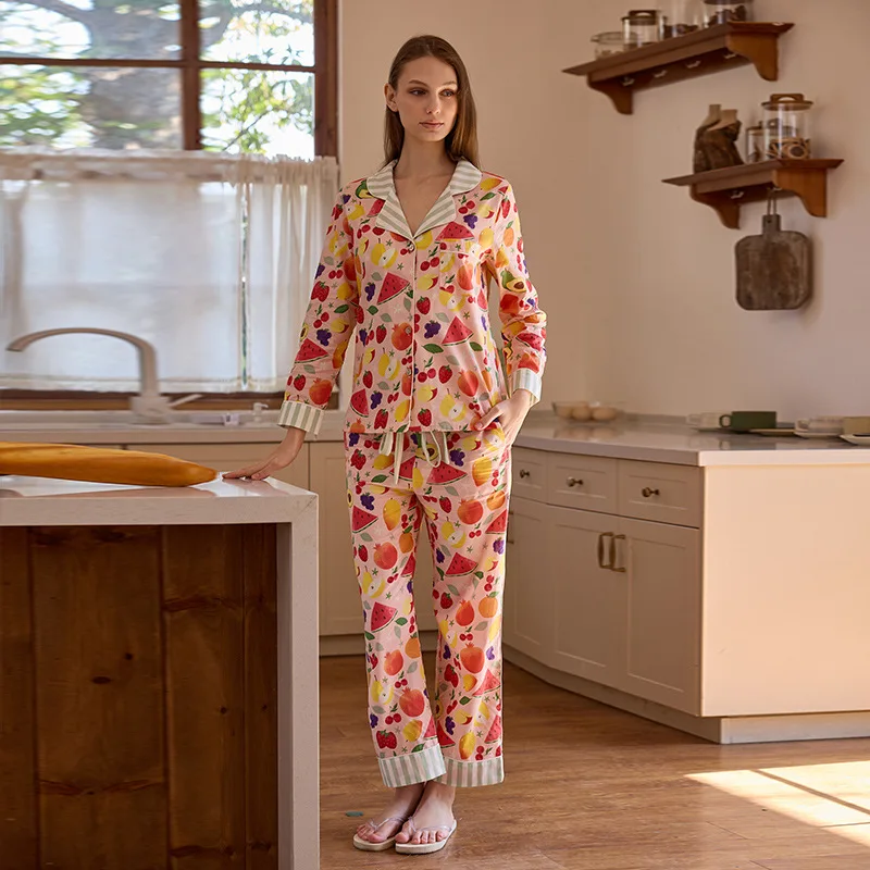 

Fruit Print Pajamas Women Long Sleeve Sleepwear Set Cotton Pjs 2pcs Fruit Pattern Nightwear Kawaii Lounge Wear Homewear 2026
