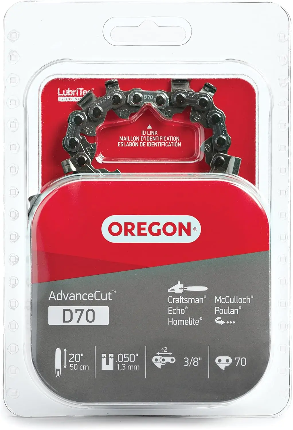 

Oregon D70 Chainsaw Chain for 20 Inch Bar – 70 Drive Links, Low-Kickback Replacement, .050" Gauge, 3/8" Pitch, Fits Echo &