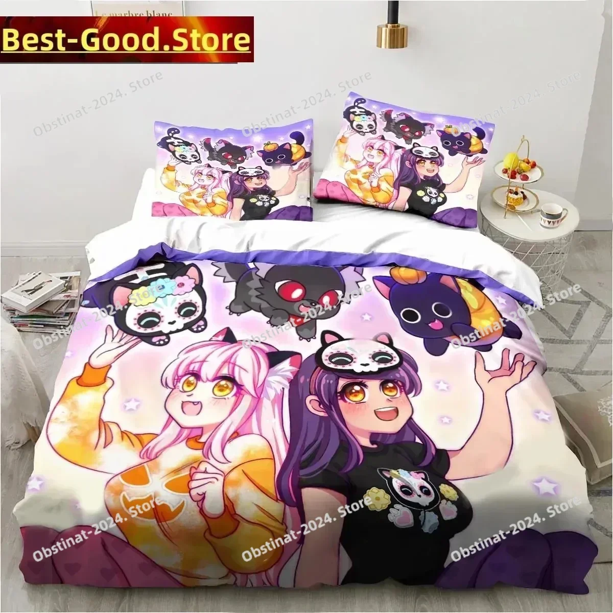 Cartoon Game Cute Aphmau with Wings Printed Bed Set Duvet Cover Pillowcase Bedding Set Linen Sheet Quilt Full Queen King Size