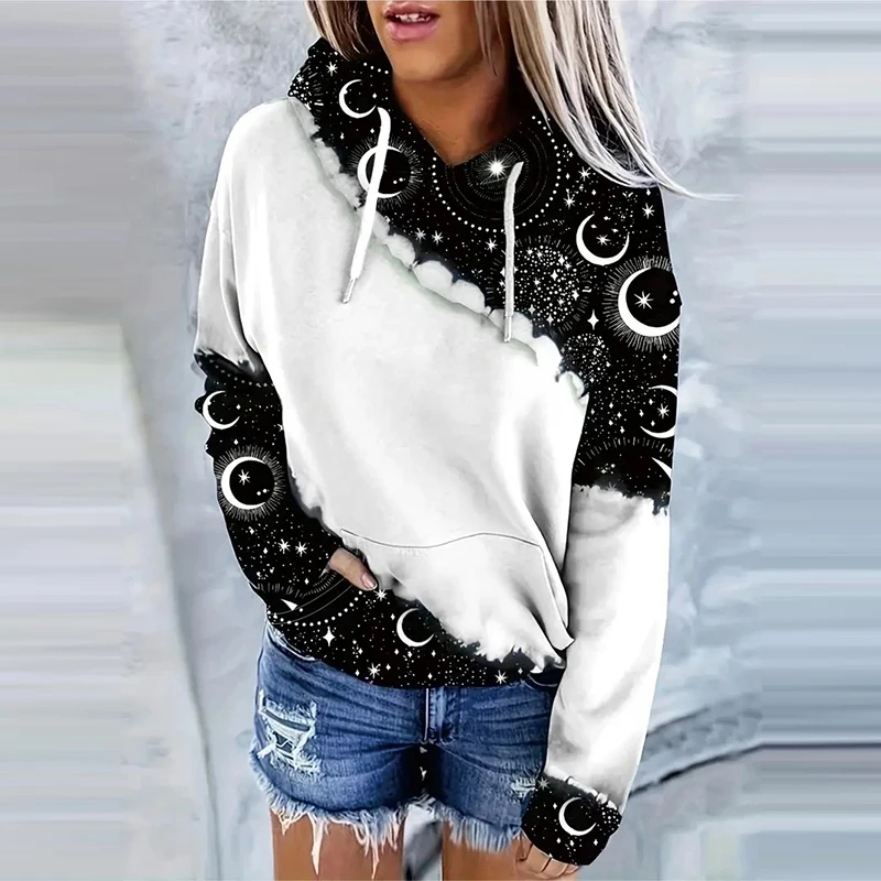 Moon Print Drawstring Hoodie Casual Long Sleeve Hooded Sweatshirt Women\'s Clothing