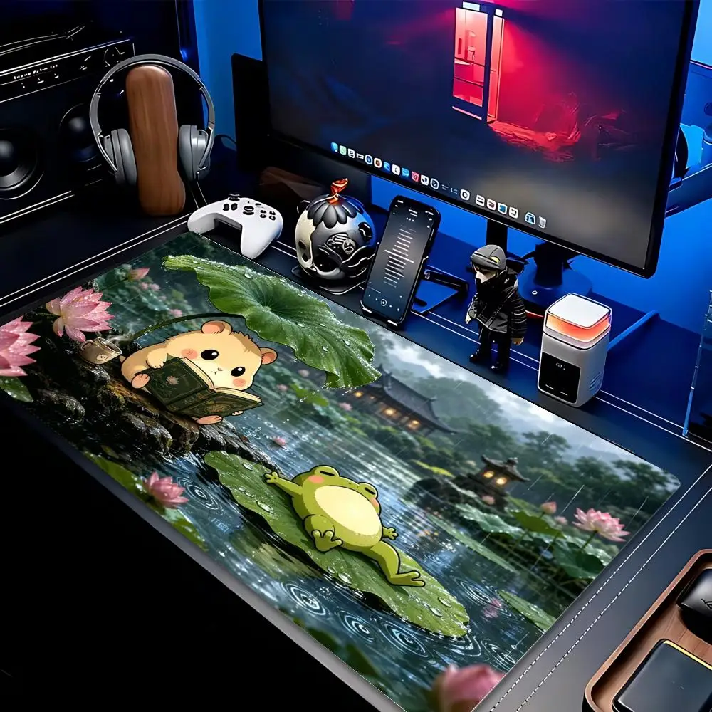 Large Mousepad Cute Hamster Bunny Lotus Lake Art Anti-slip Rubber Overlocked Pc Gamer Keyboard Office Desk Table Computer Mats