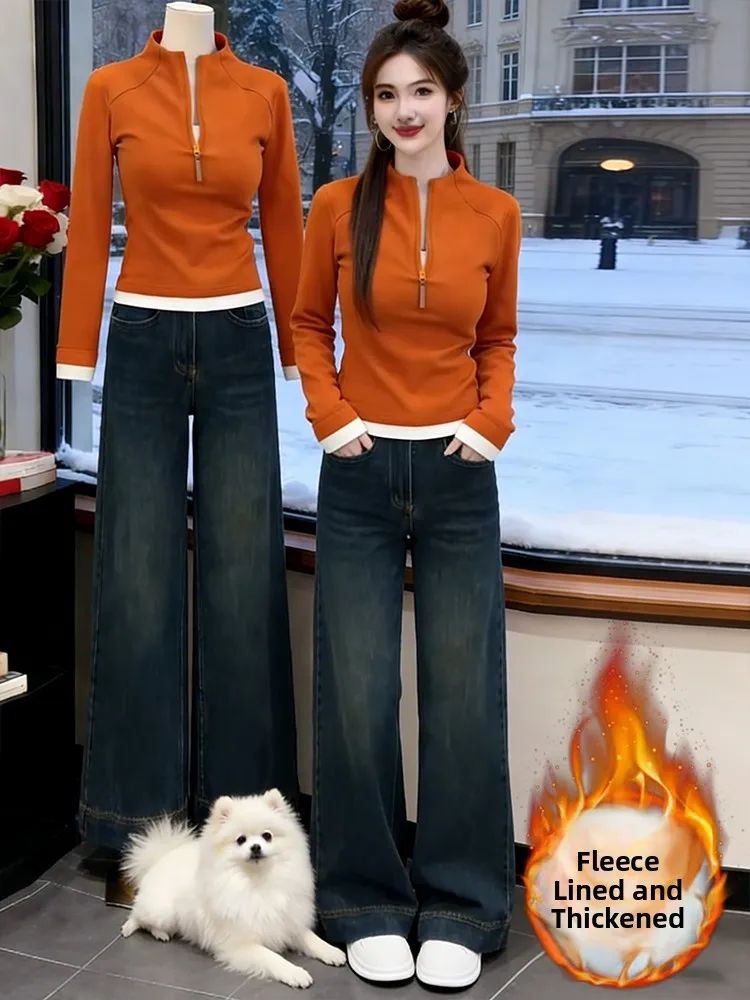 

Orange Collar Thiened Winter Women's Suit Slim Fit Jeans Knitted Top Zipper Decorated Casual High Waist Straight Leg Jeans