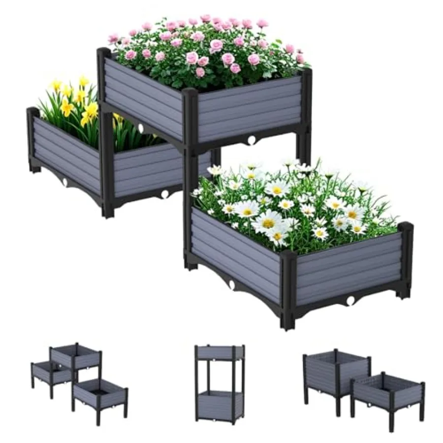 

Planter Box Raised Garden Bed with Reinforced Support Rods, Drainage Grid, Multi-Combination Options for Vegetables, Flowers, a
