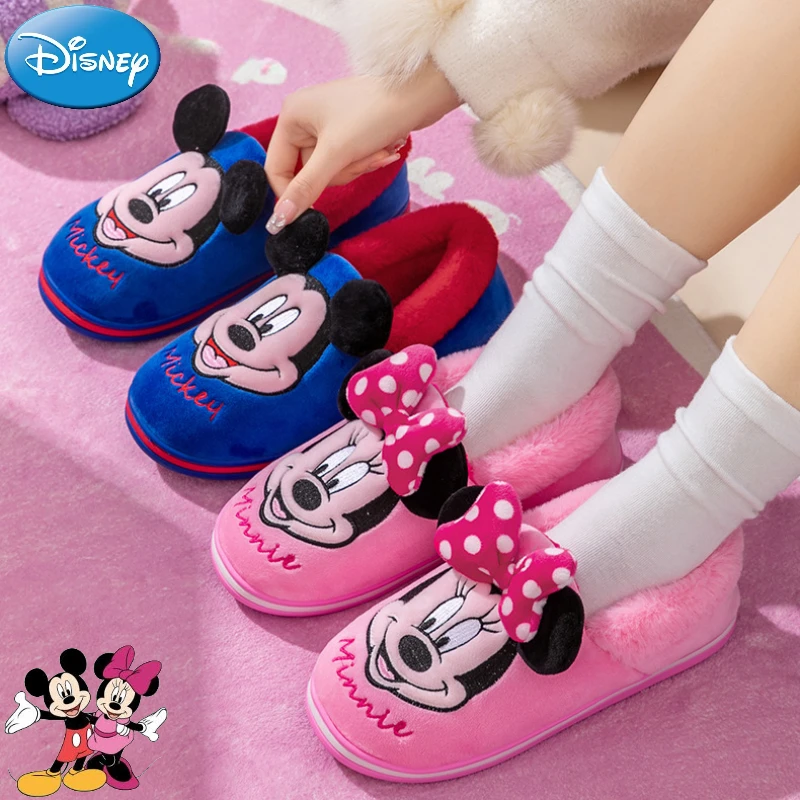 Disney Mickey Mouse Children\'s Cotton Slipper Winter Heels Boys Children Non Slip Plushes Slippers Indoor Home Warm Cotton Shoes