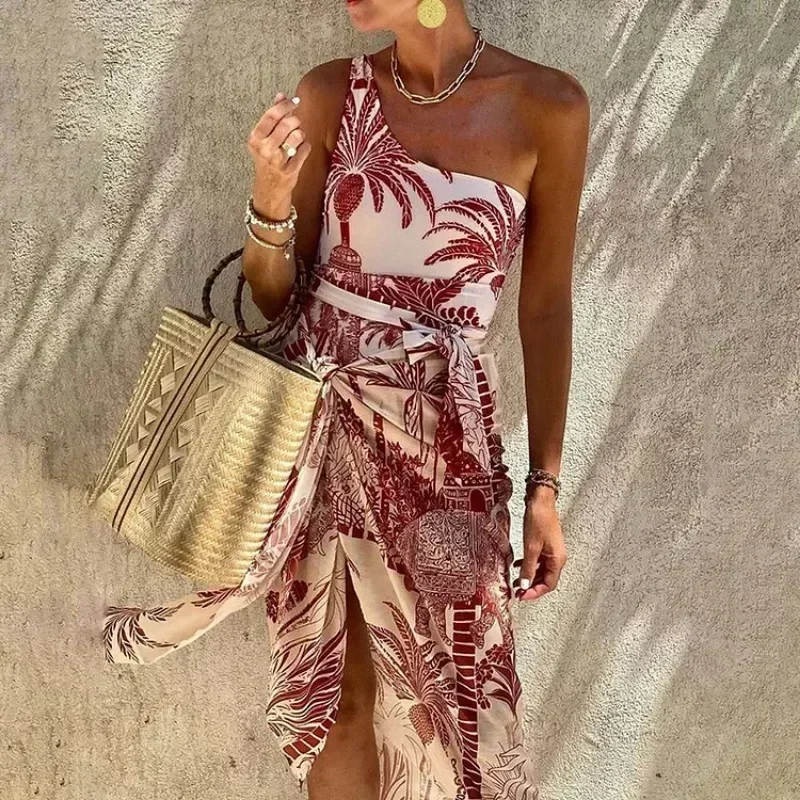 Conjunto de traje de baño de una pieza para mujer, estampado de árbol de coco, correa para un solo hombro, estilo popular, nuevo, 2024