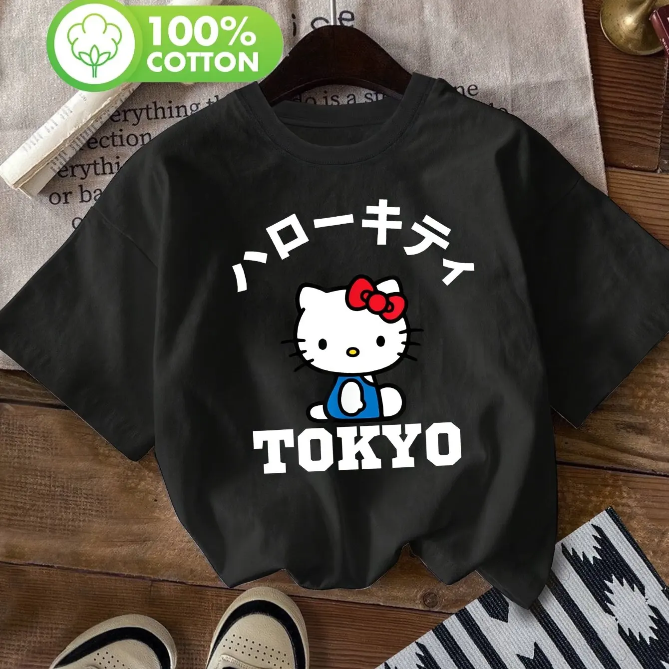 

Hello Kitty Japanese Letter Printed Women's Girls Kids T-shirt Summer New Cotton Y2K Loose Casual Versatile Short Sleeved Top