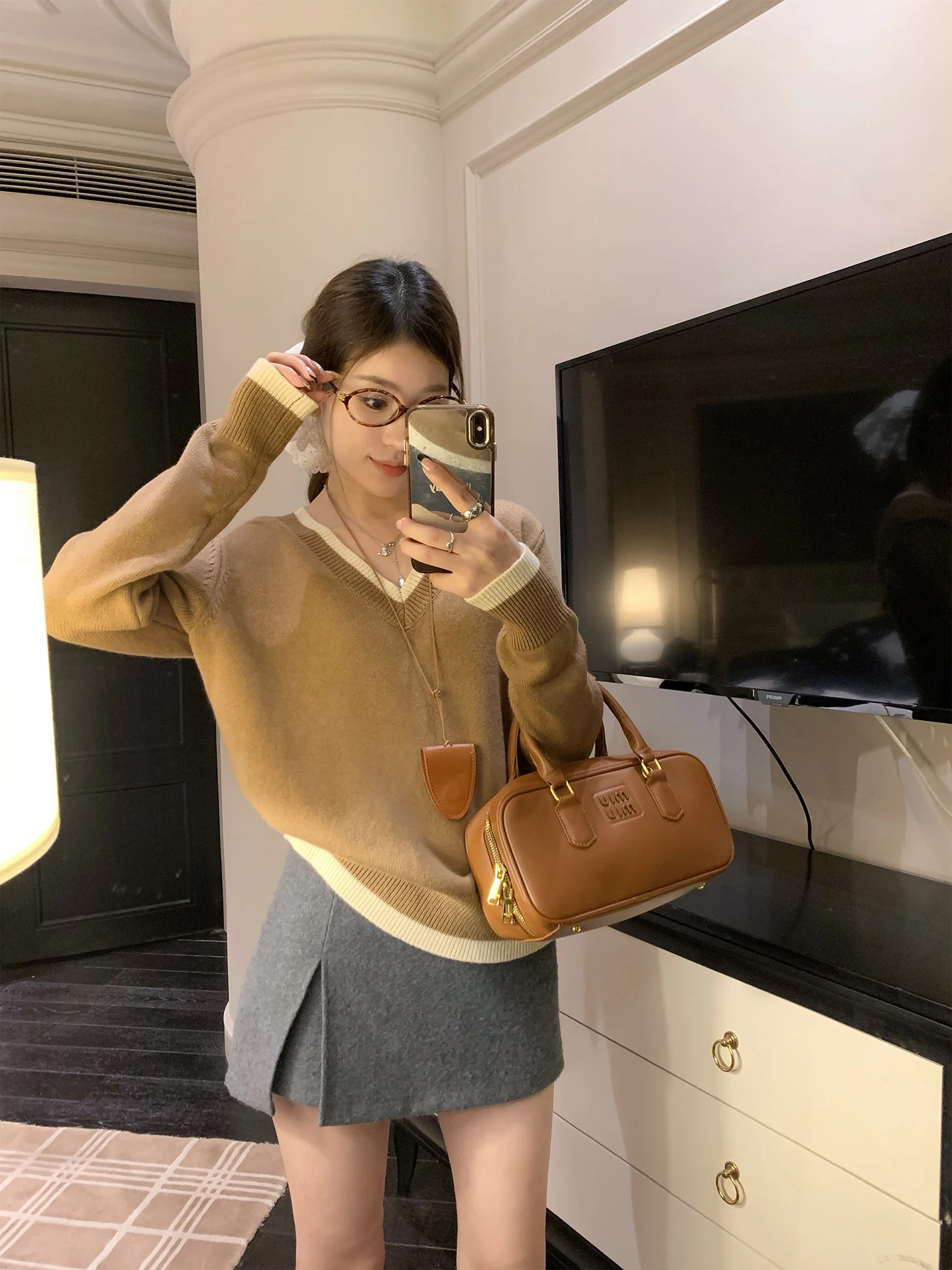 

Женский свободный вязаный свитер с V-образным вырезом, повседневный топ с круглым вырезом и длинными рукавами, осенне-зимняя верхняя одежда, удобный трикотаж