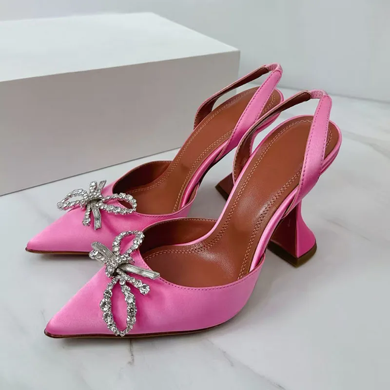 

Summer High Heels Shoes Women Pointed Toe Satin Rhinestone Butterfly-knot Wedding Shoes Cup Heels Pumps Sandals Woman