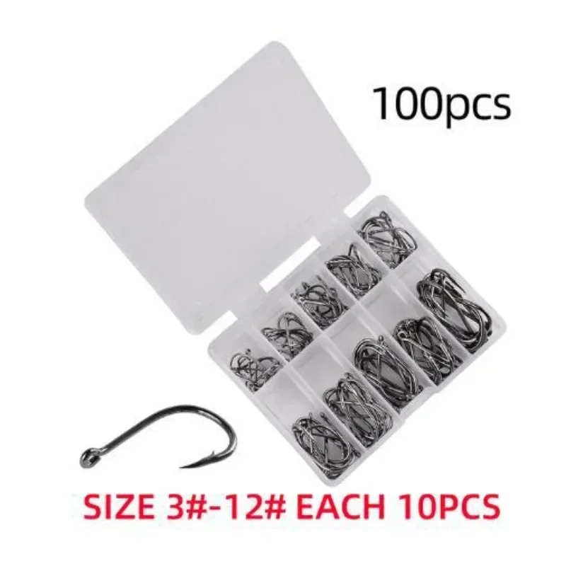 High Carbon Steel Fishing Hooks Set, Carpa Anzol com Tackle Box, água salgada, água doce, acessórios de pesca, 100pcs por caixa