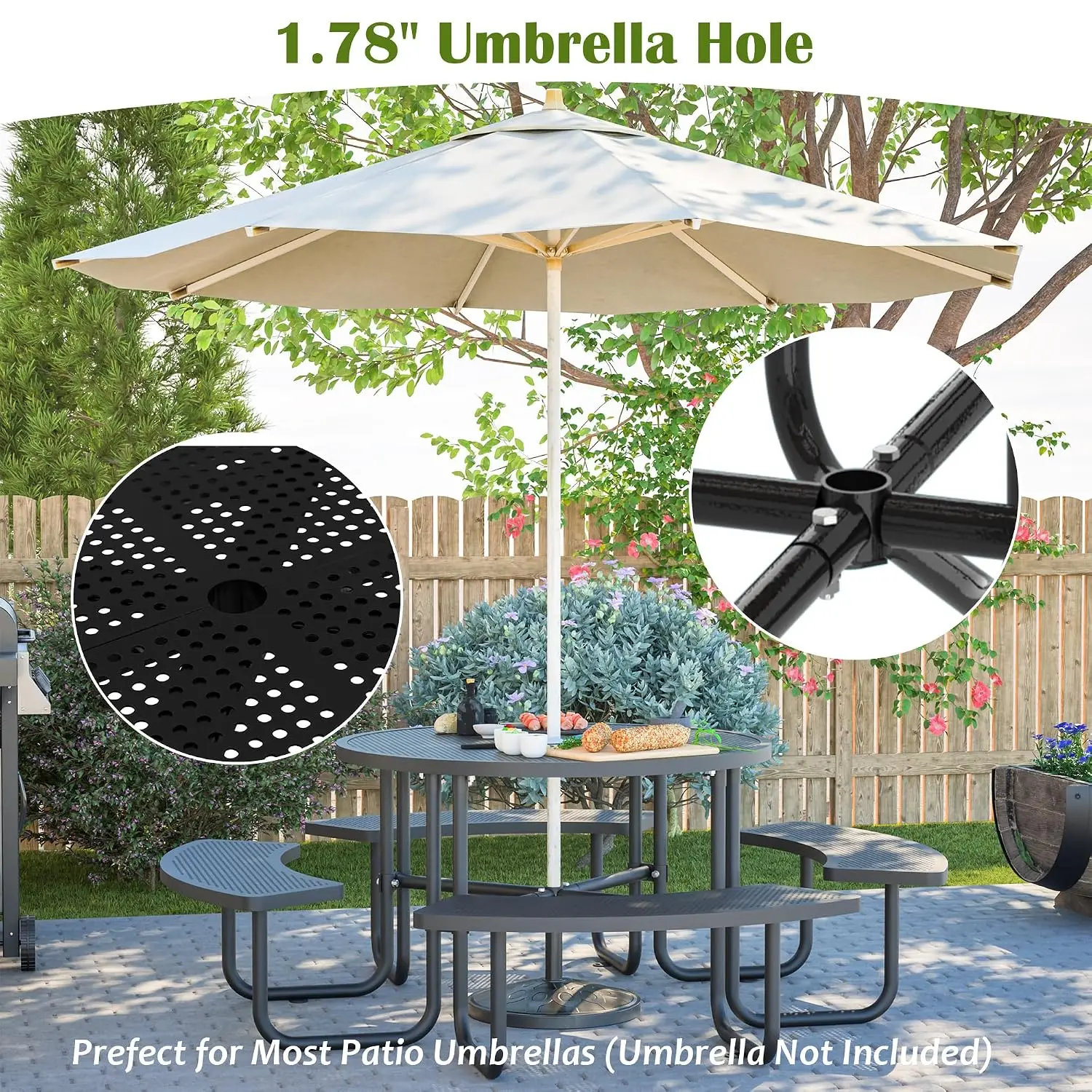 Expanded Metal Round Picnic Table 8-Person 46in Steel Heavy Duty Commercial Outdoor Table & Bench Set Park Patio, Customized