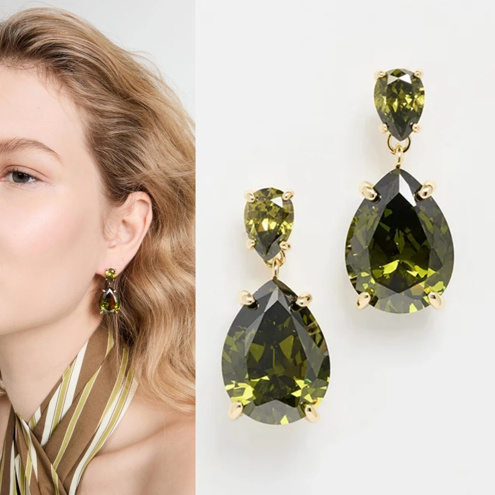 New Fashion Jewelry Party Accessories Elegant Ladies Olive Green Crystal Rhinestone Gems Stone Drop Earrings for Women