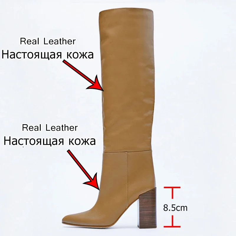 RIZABINA Genuine Leather Women Knee High Boots Sexy Pointed Toe Chunky Heel Long Boots Winter Wide Calf Boots Party Footwear