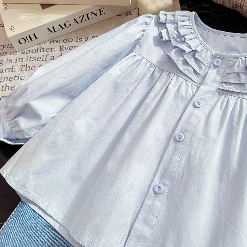 Girls Spring Casual Shirts 2025 New Cute Layered Ruffles Round Collar Kids Shirt Trendy Children Light Blue Blouse Tops