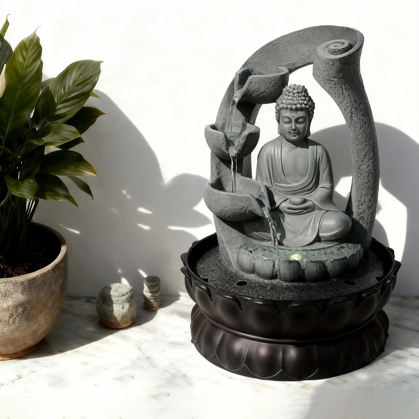 Fontaine de table décorative en résine avec statue de Bouddha, cascade zen, élément aquatique asiatique pour la méditation, pour la maison, le bureau, le salon, gris