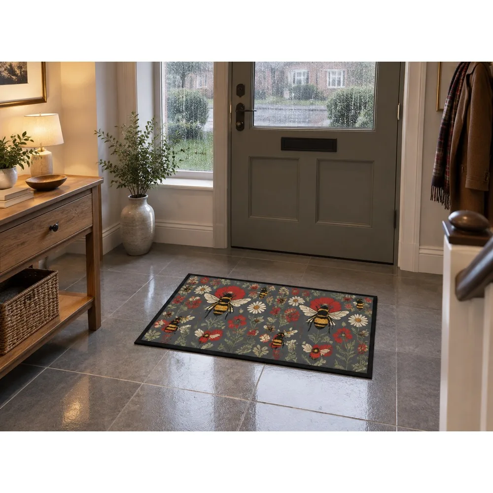 VIKAMA British Slate Brick Bees Wildflowers Flannel Door Mat, Quick Dry Non-Slip Floor Mat, UK Home Decor for Home, Entryway
