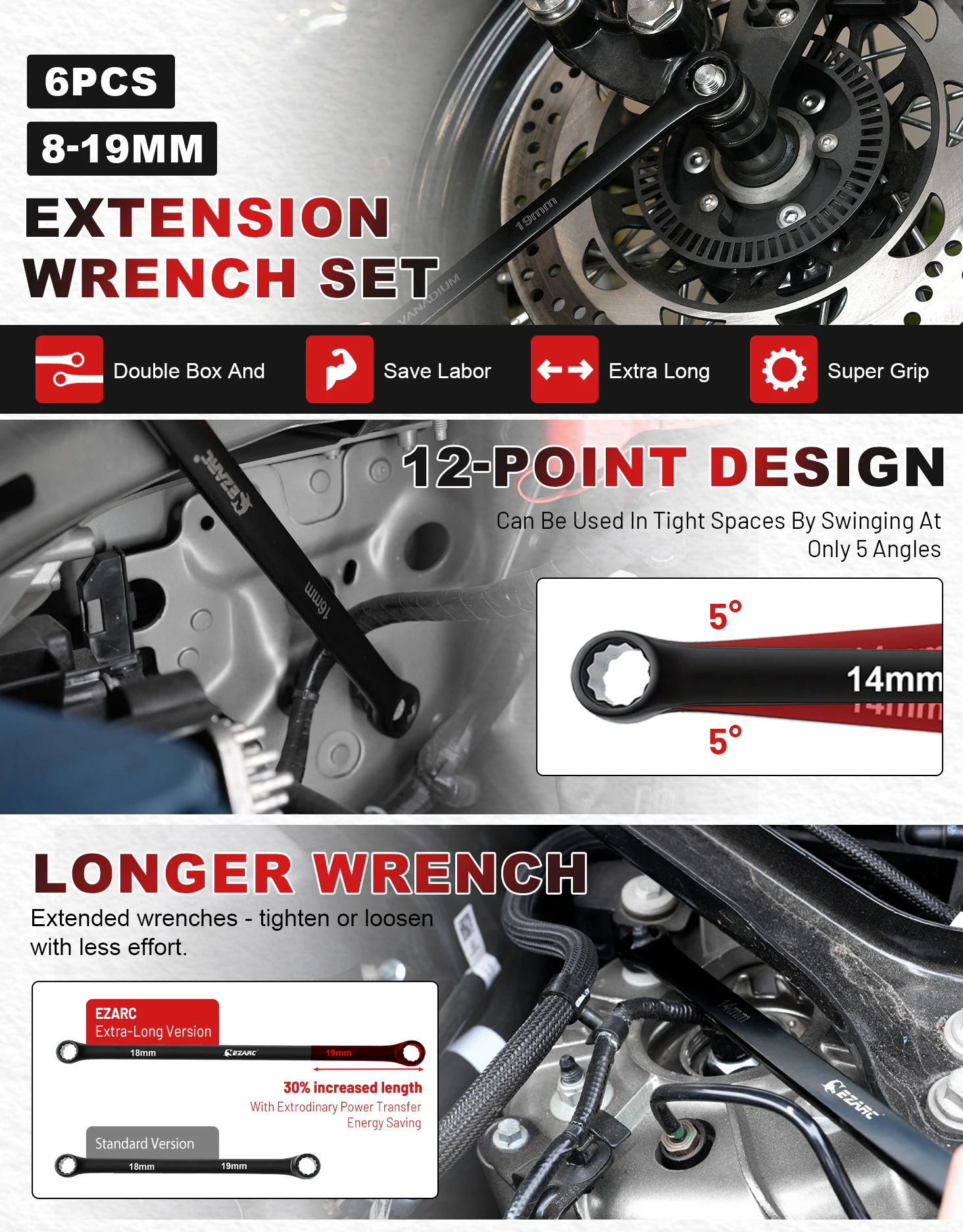 EZARC 6-teiliger Extra Langer Schraubenschlüsselsatz Metrisch 8-19 mm Luftfahrt-Schraubenschlüssel Cr-V Stahl mit Schwarzer Elektrophoretischer Beschichtung – Detail 1