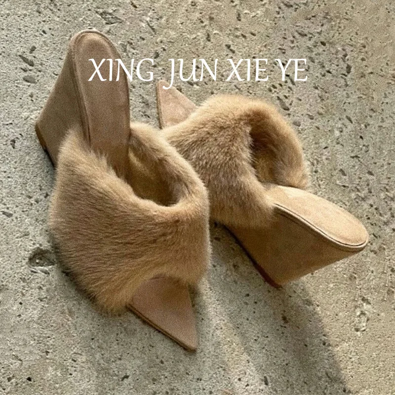 

Women Wedge Shoes 2025 Autumn New Pointed Toe Furry Slippers Women's Open Toe French Style Wedge Heel Casual Fashion Shoes