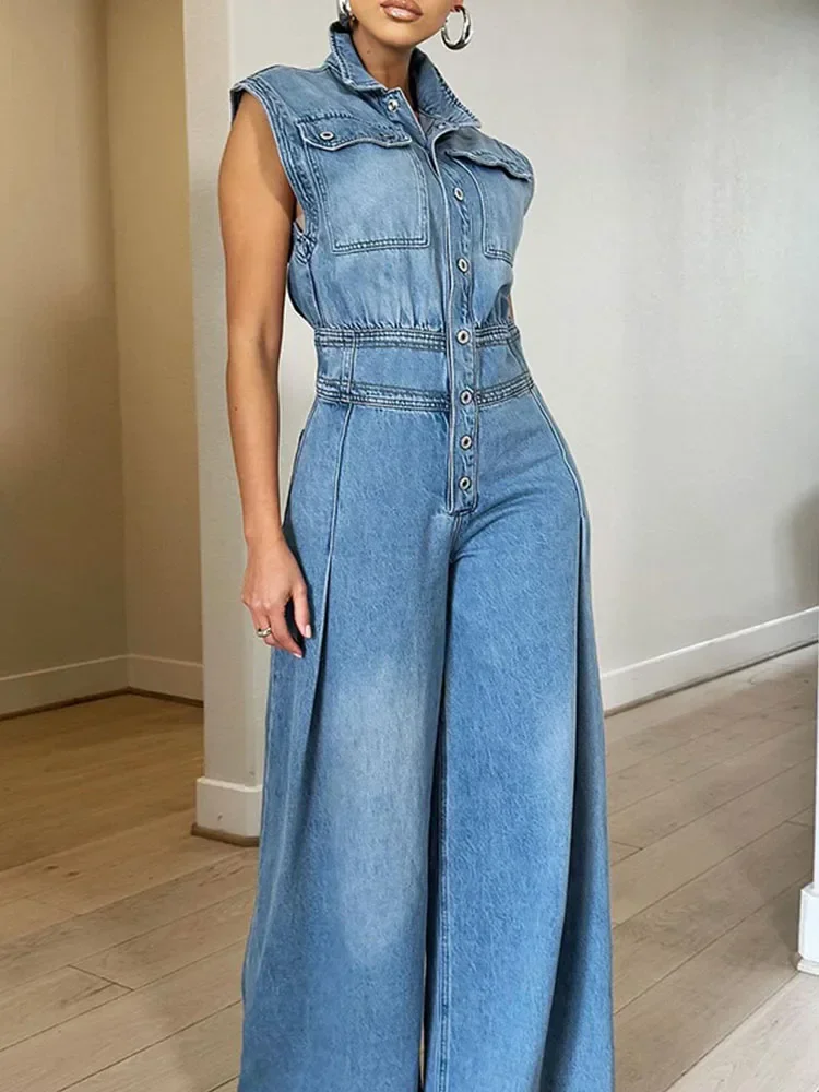 Streetwear Denim Jumpsuit Women Jean Overalls Sleeveless Elegant Turn-Down Collar Single Breasted Vintage One Piece Rompers Mono