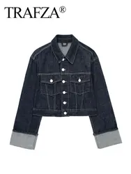 TRAFZA Denim Jacket For Women Fashion Long Sleeve Single Breasted Coats Vintage Female High Street Dark Blue Denim Outwear Top