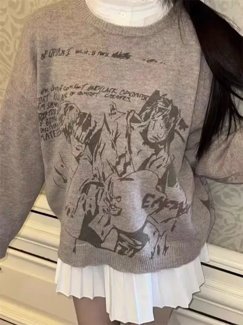 سترة مطبوعة بنمط رمادي أمريكي للرجال والنساء للخريف والشتاء على الطراز القوطي الشرير Y2K بلوفر أنيق غير رسمي