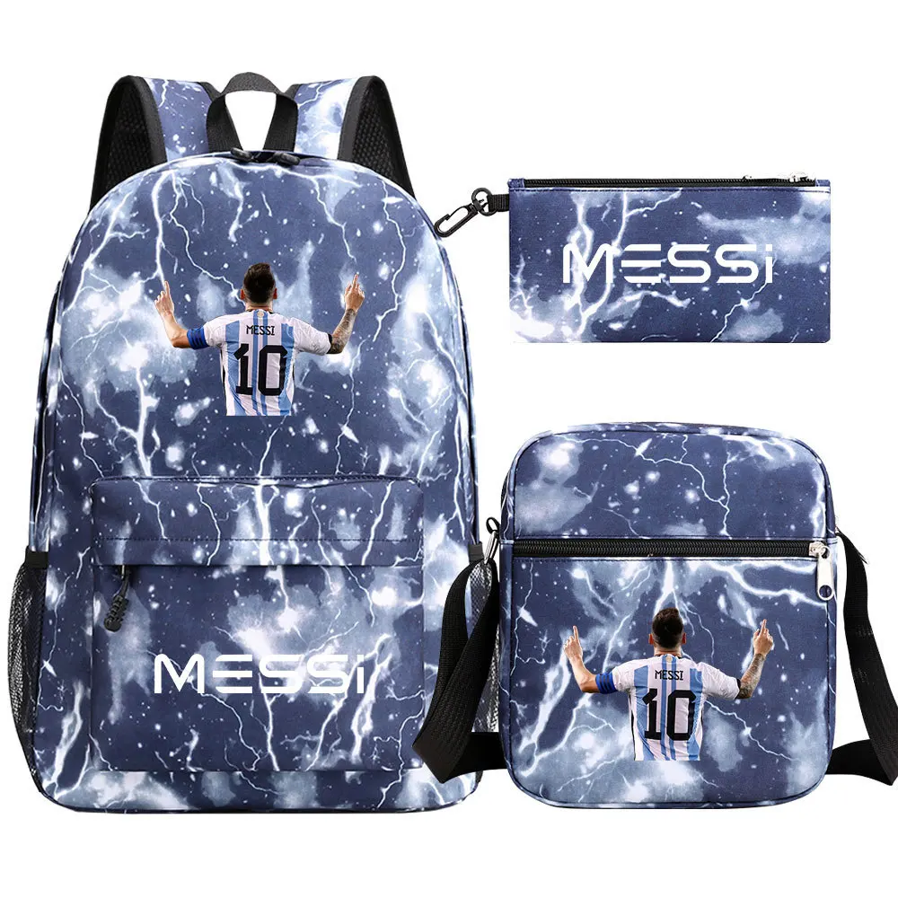 3pcs Messi Football Cool Backpacks Capacity Rucksack Girl Boys Simple Shoulder Bag High School Schoolbag Black Mochilas