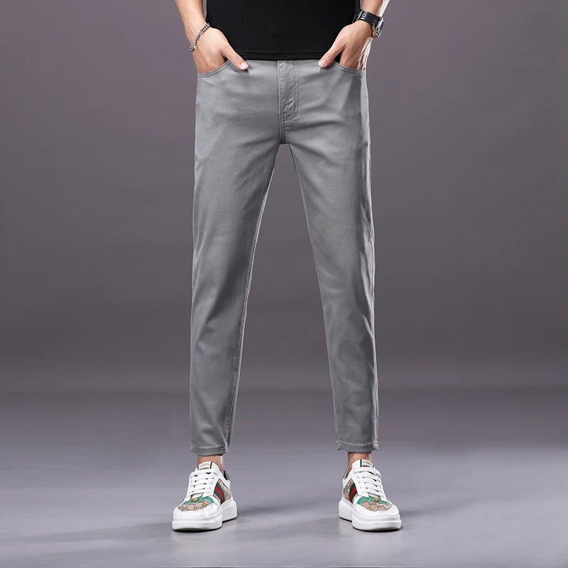 

CJ168 High-grade solid colour jeans men's tide five trousers straight stretch Slim small straight leg