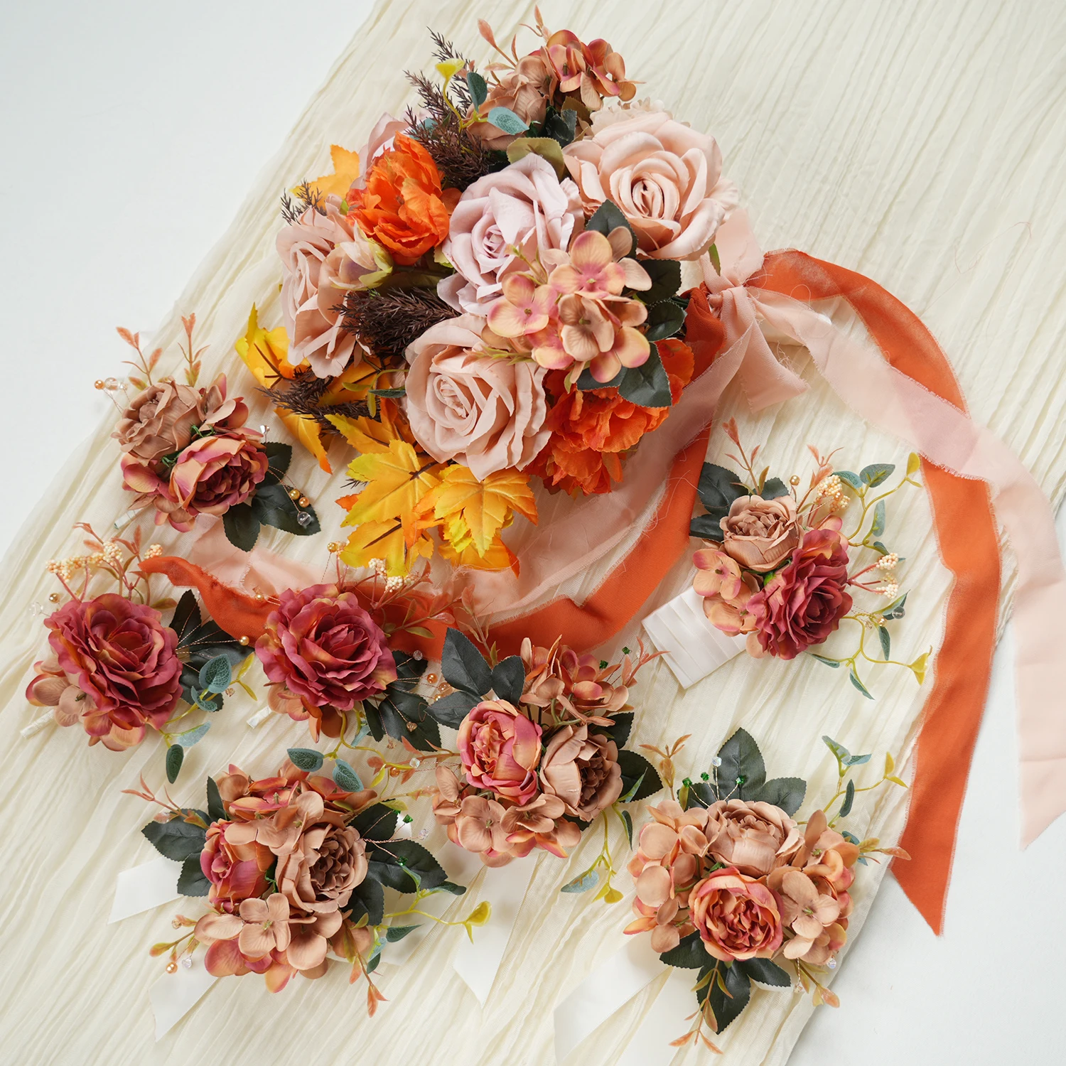 

8PCS Coffee Orange Artificial Wedding Flowers Set Bridal Bouquet Boutonnieres Corsage for Wedding Ceremony Anniversary Prom