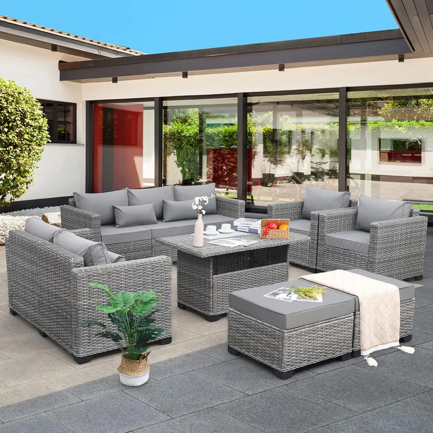 Rattaner 7-Piece Furniture Sets Patio Furniture Set Couch Outdoor Chairs Storage Table Non-Slip Cushions Waterproof Covers Grey