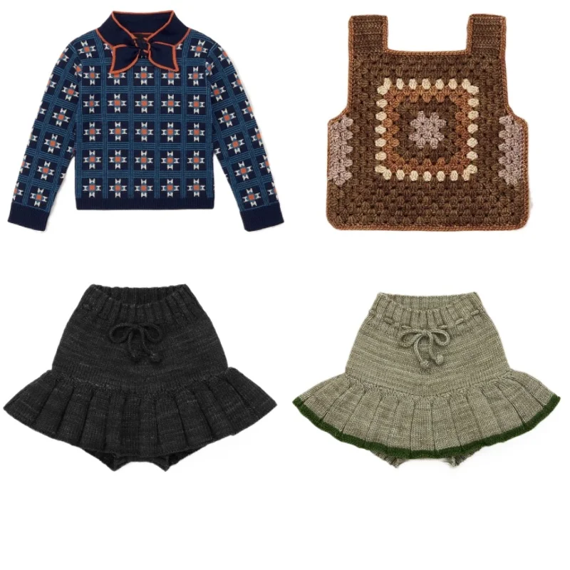 Girl's Sweater Half Skirt 2025 Autumn New Item MP Printed Bow Knit Sweater Pure Cotton Hollow Out Girl's Vest Children's Clothin