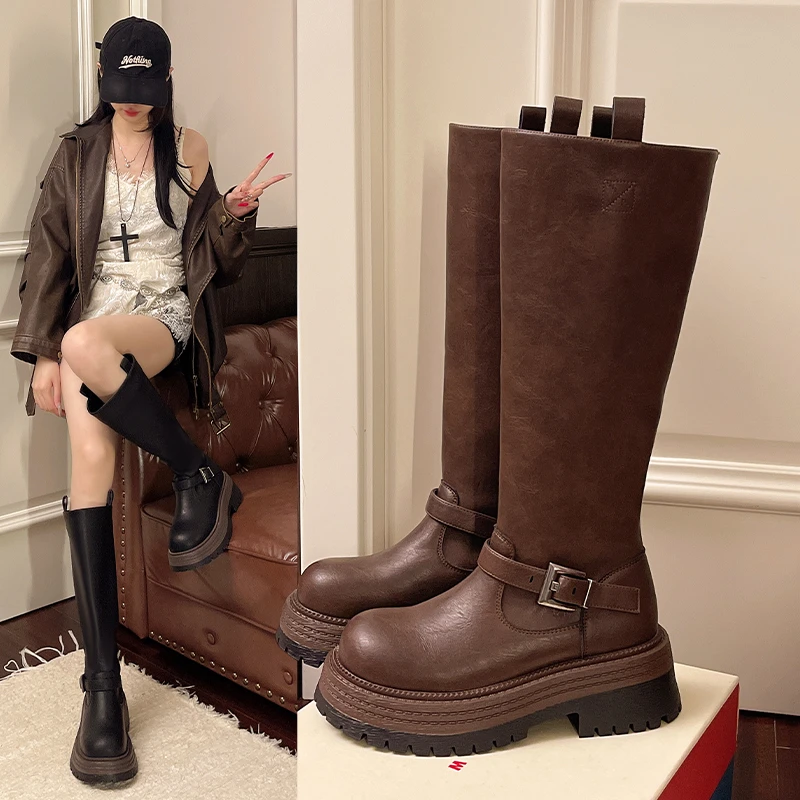 

2025 NEW High Quality Fashionable and Versatile Autumn Winter Belt Buckle Women Boots Thick Heels Style Knight Long Booties