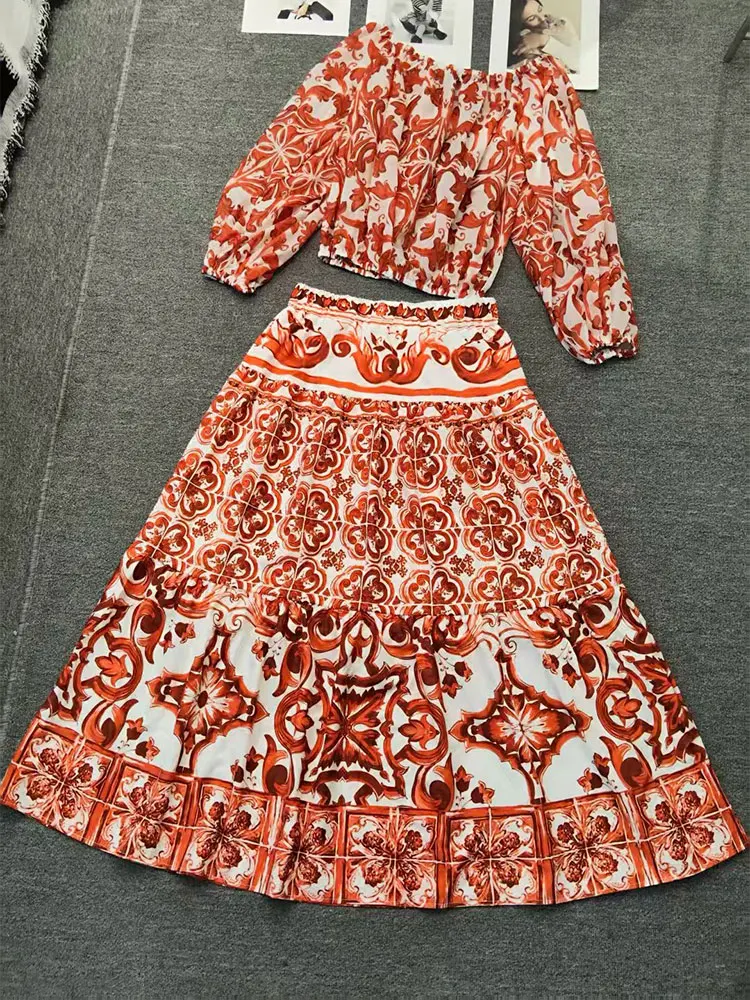Retro Word Collar Lantern Sleeve Short Top Summer Two-Piece Dress High Waist Fluffy Skirt Printed Female Suit