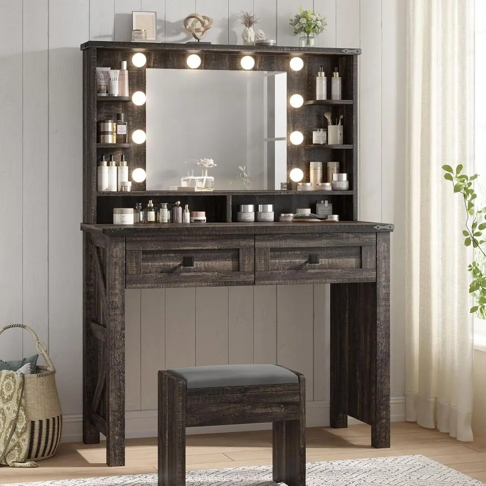 EnHomee armhouse Vanity Desk, Mirror & Lights, Women Bedroom, k Oak | Ladies & Makeup Users, Wood, Holds Cosmetics & lry, Built-