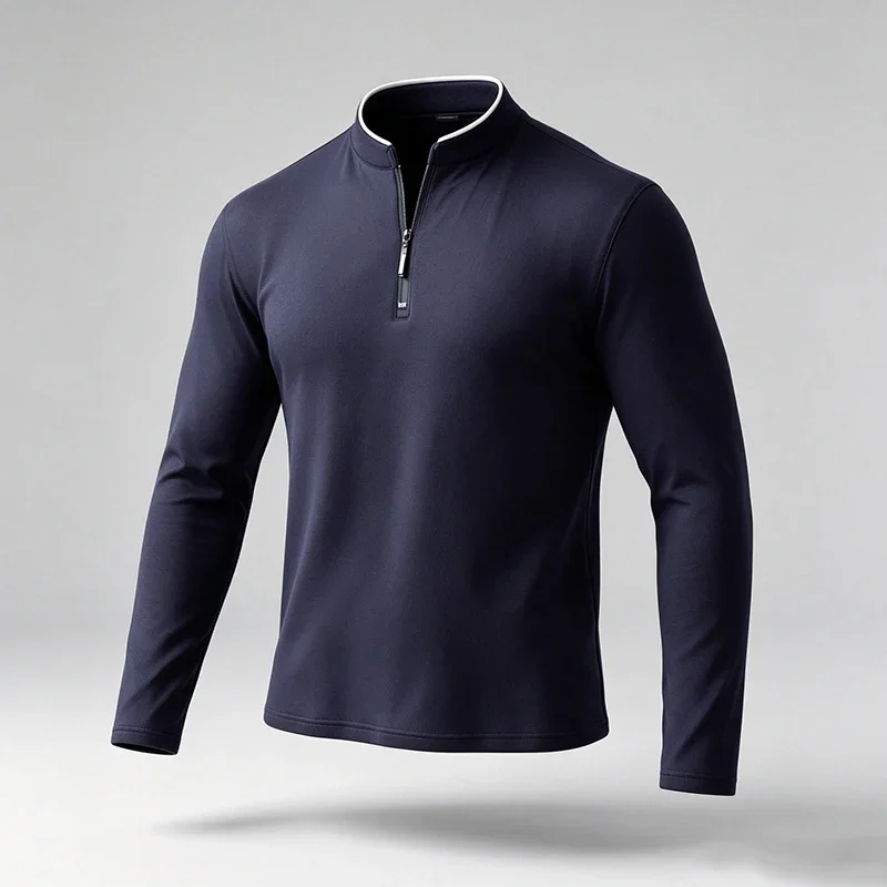 Men Business Casual Stand Collar Long Sleeve Top Quarter Zip Design Ribbed Cuff Curved Hem Regular Cut All Match Daily Wear