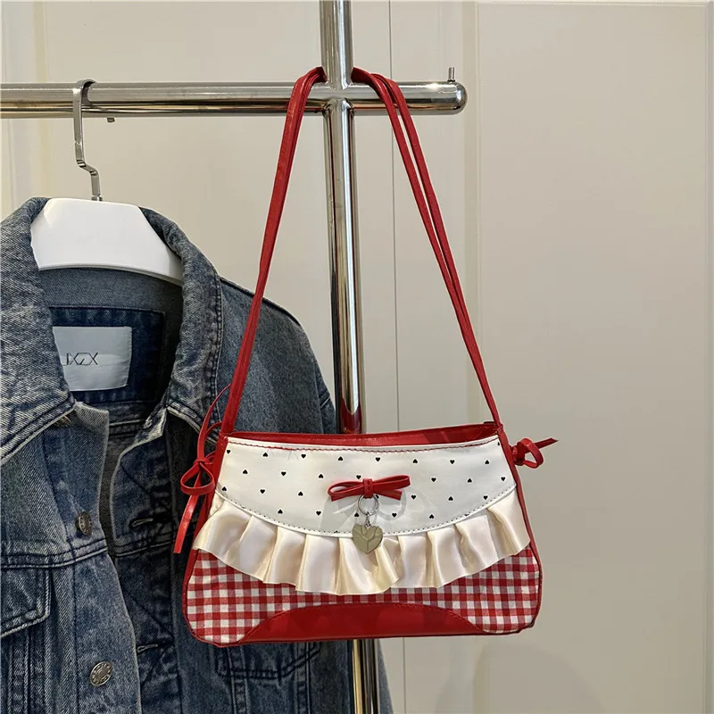 Bag Sweet Style New Cute For Girl's Outing Polka Dot Single-shoulder Crossbody Bag Lace-patterned Bow Patchwork Underarm Bag
