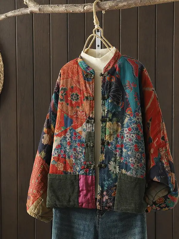 

Corduroy Cotton Jaet Women's Artistic New Chinese Sle Button Design Retro Print Outerwear Loose Fit Long Sve Stand Collar